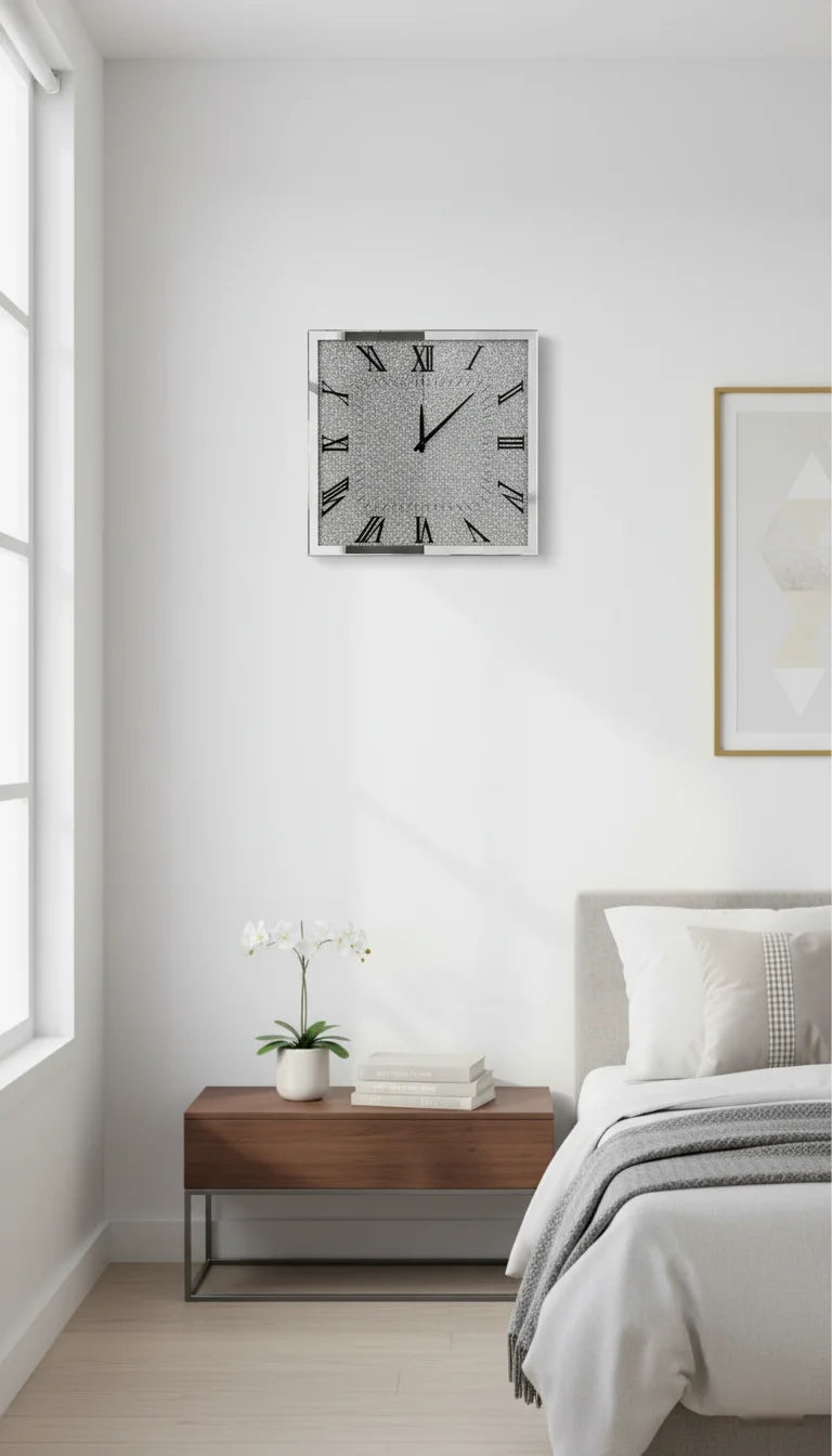 Large Square Crushed Crystal Mirrored Wall Clock 45cm – Roman Silent | Sparkle Decors UK