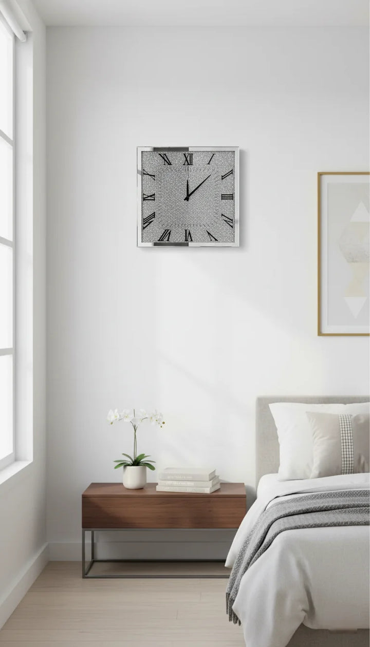 Large Square Crushed Crystal Mirrored Wall Clock 45cm – Roman Silent | Sparkle Decors UK