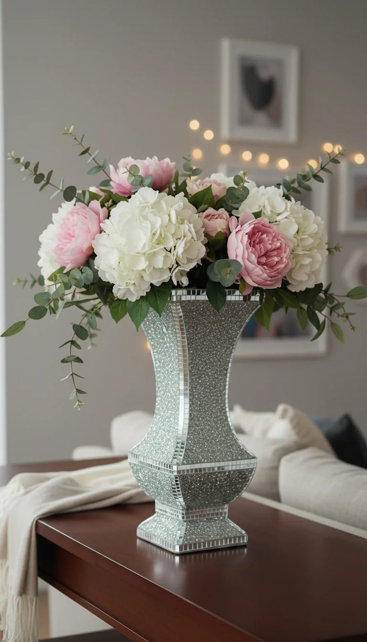 Crushed Crystal Square Mirror Vase 40cm Silver | Sparkle Decors