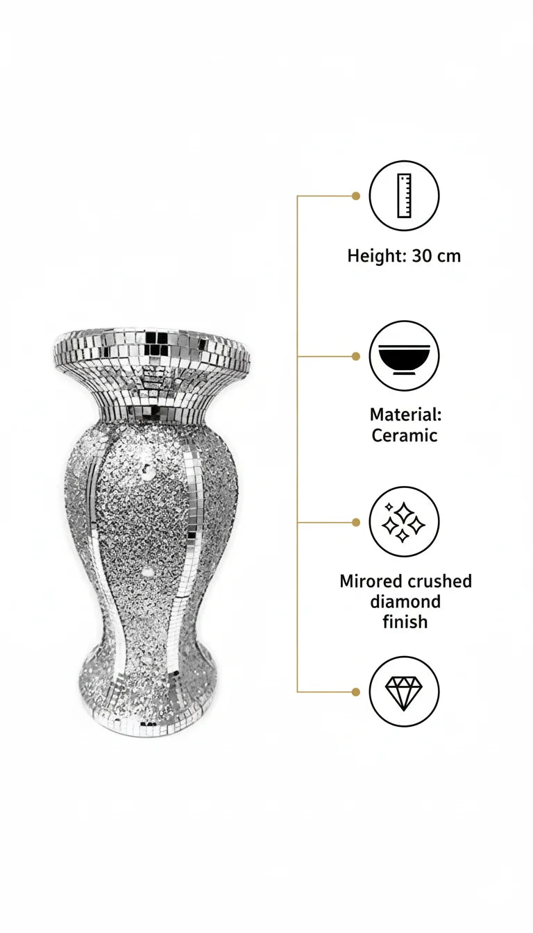 Silver & White Crushed Diamond Vase Ornament – Mirrored Sparkle Design | Sparkle Decors