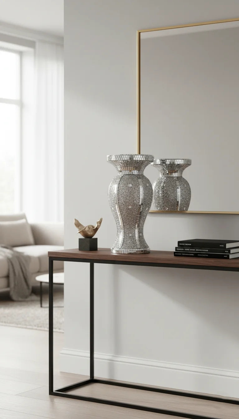 Silver & White Crushed Diamond Vase Ornament – Mirrored Sparkle Design | Sparkle Decors