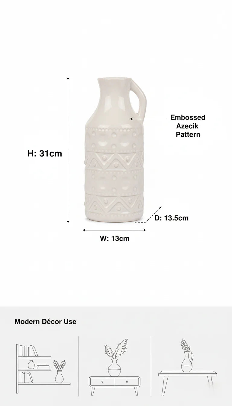 Elegant White Ceramic Jug Vase with Aztec Pattern – Sparkle Decors