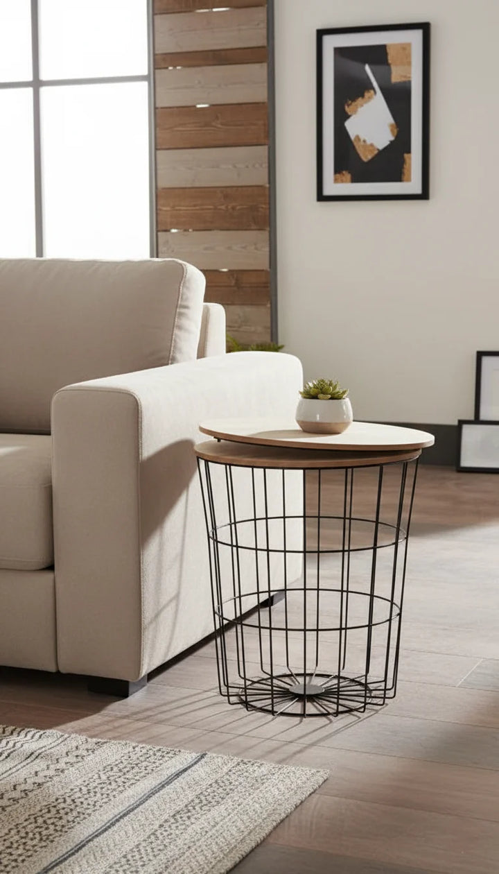 Black Metal Basket Side Table with Storage – Modern Round Accent Table | Sparkle Decors