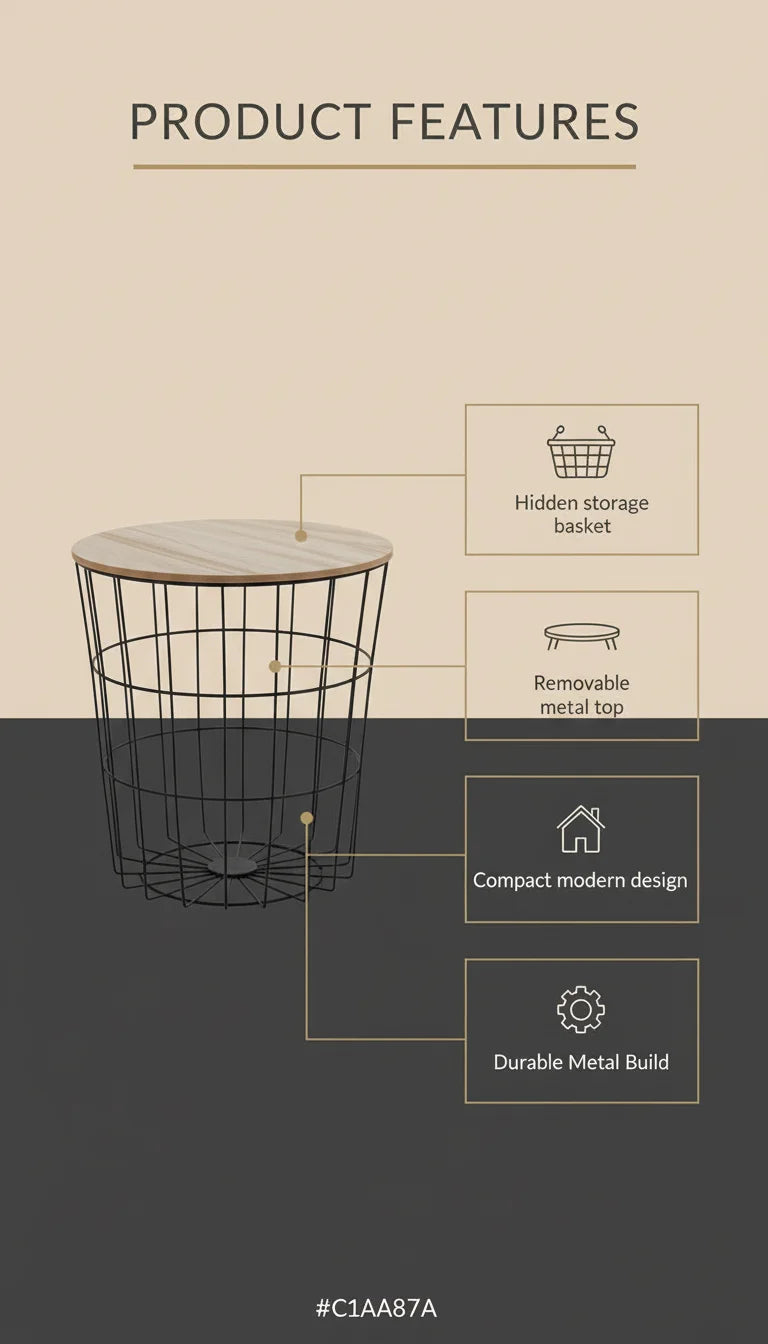 Black Metal Basket Side Table with Storage – Modern Round Accent Table | Sparkle Decors