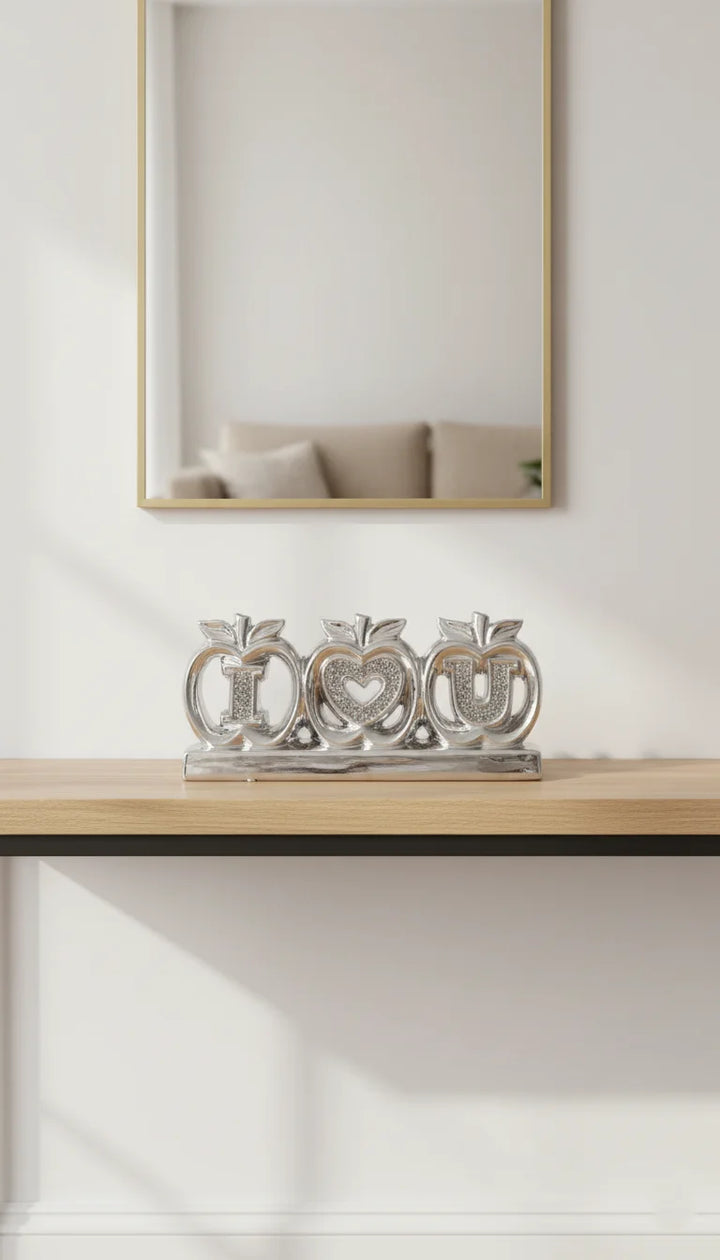 Silver “I LOVE U” Apple Crushed Diamond Sparkle Ornament – Free Standing Love Décor