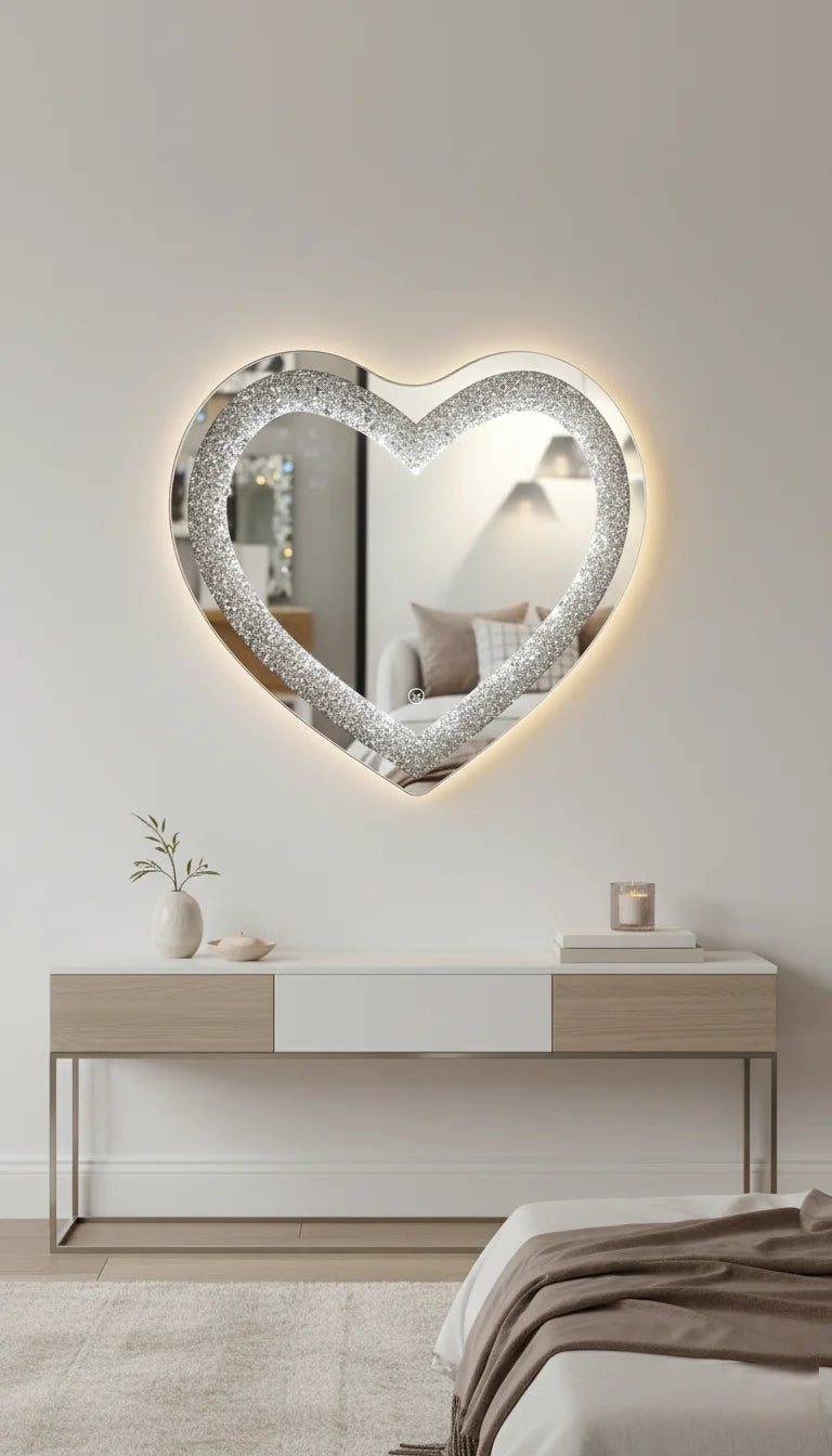 LED Heart Shaped Wall Mirror with Crushed Crystal Bling 80×70 cm – Sparkle Decors