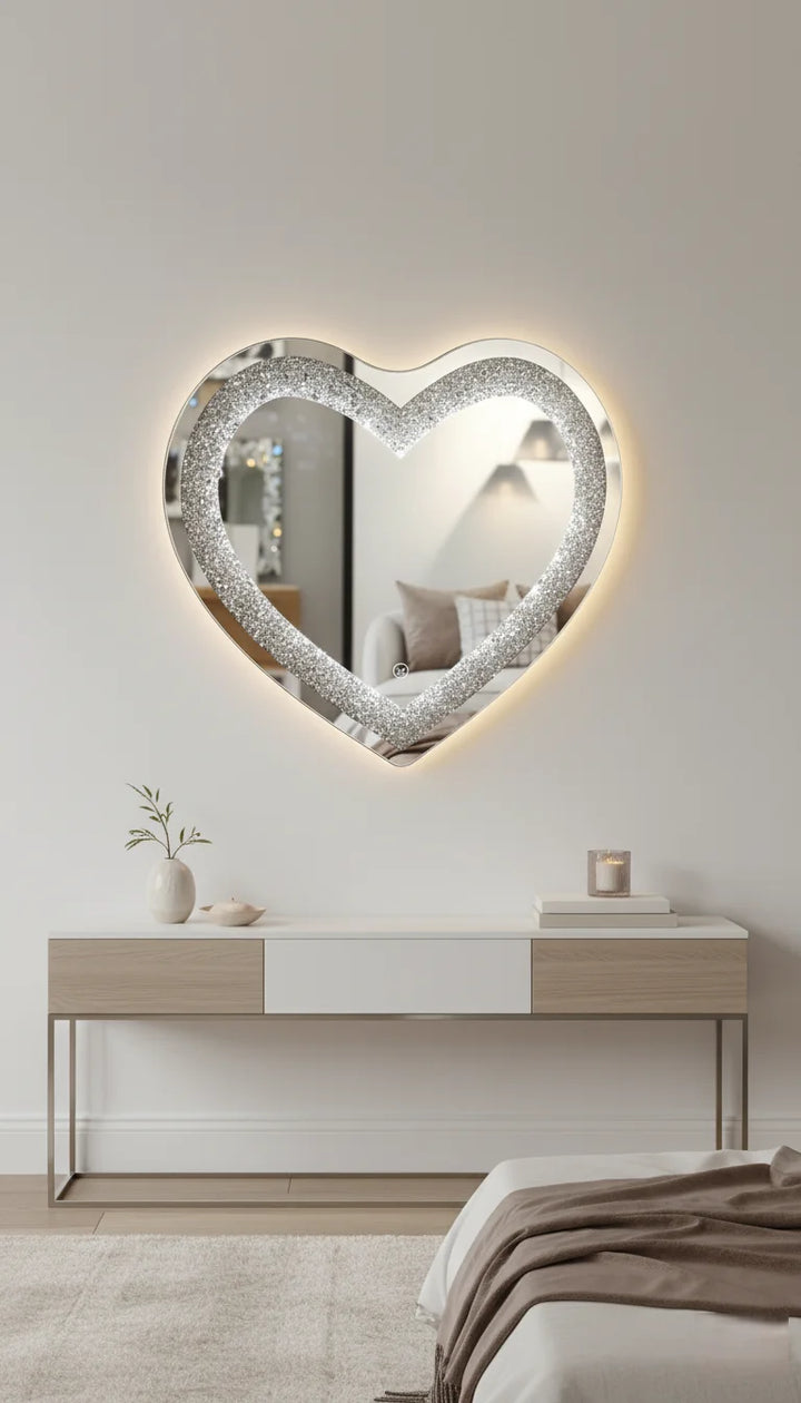 LED Heart Shaped Wall Mirror with Crushed Crystal Bling 80×70 cm – Sparkle Decors