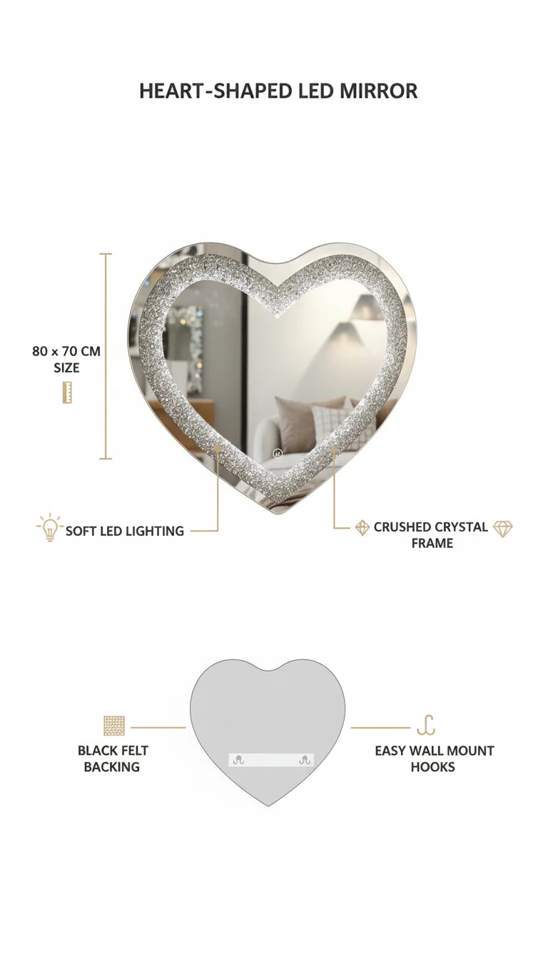 LED Heart Shaped Wall Mirror with Crushed Crystal Bling 80×70 cm – Sparkle Decors