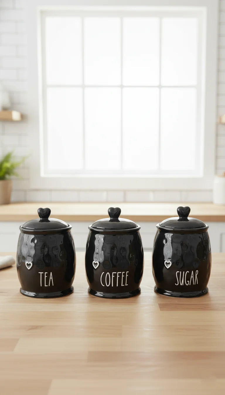 Black Ceramic Tea Coffee Sugar Jar Set with Heart Lids | Sparkle Decors