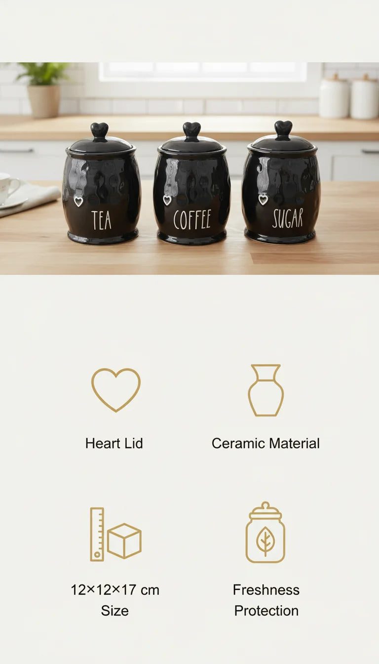 Black Ceramic Tea Coffee Sugar Jar Set with Heart Lids | Sparkle Decors