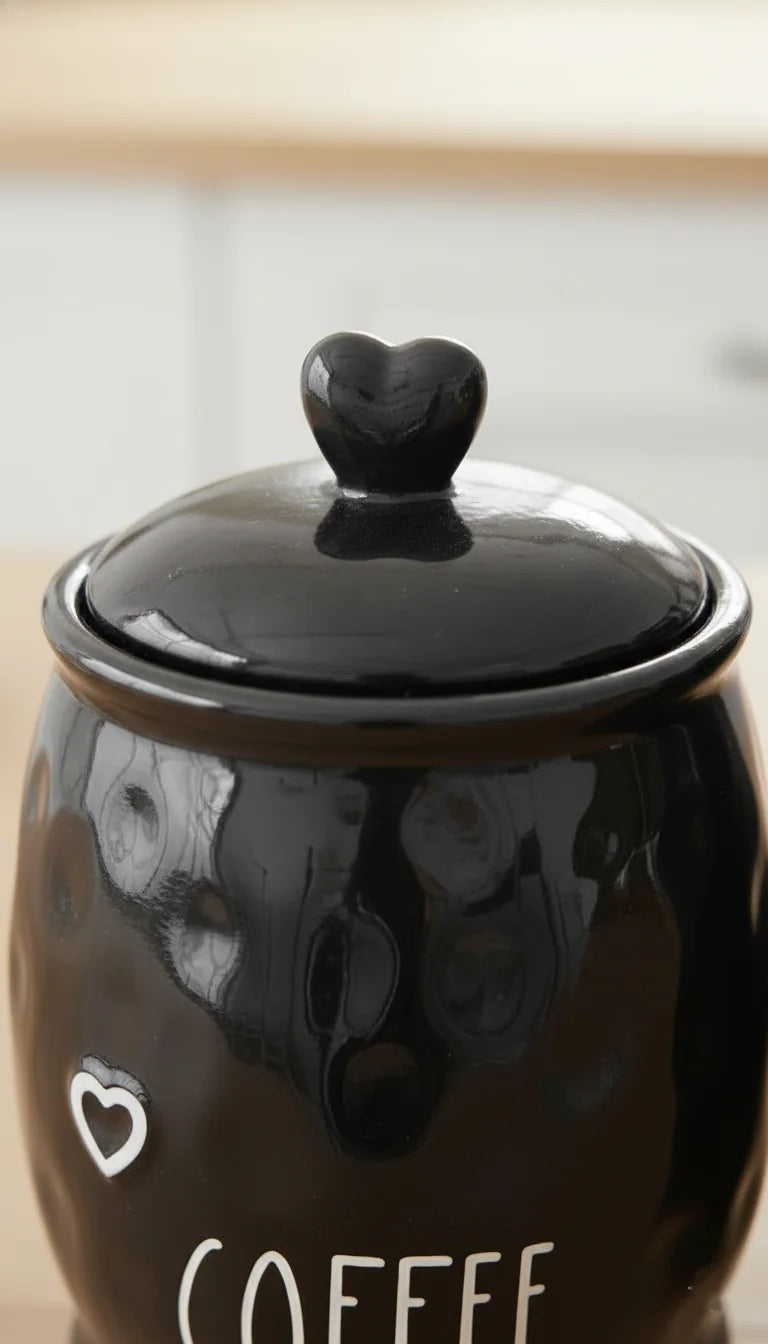 Black Ceramic Tea Coffee Sugar Jar Set with Heart Lids | Sparkle Decors