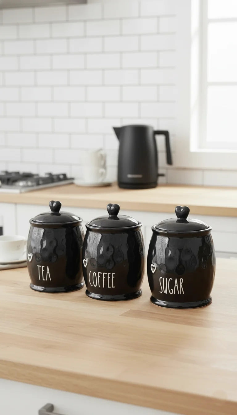 Black Ceramic Tea Coffee Sugar Jar Set with Heart Lids | Sparkle Decors