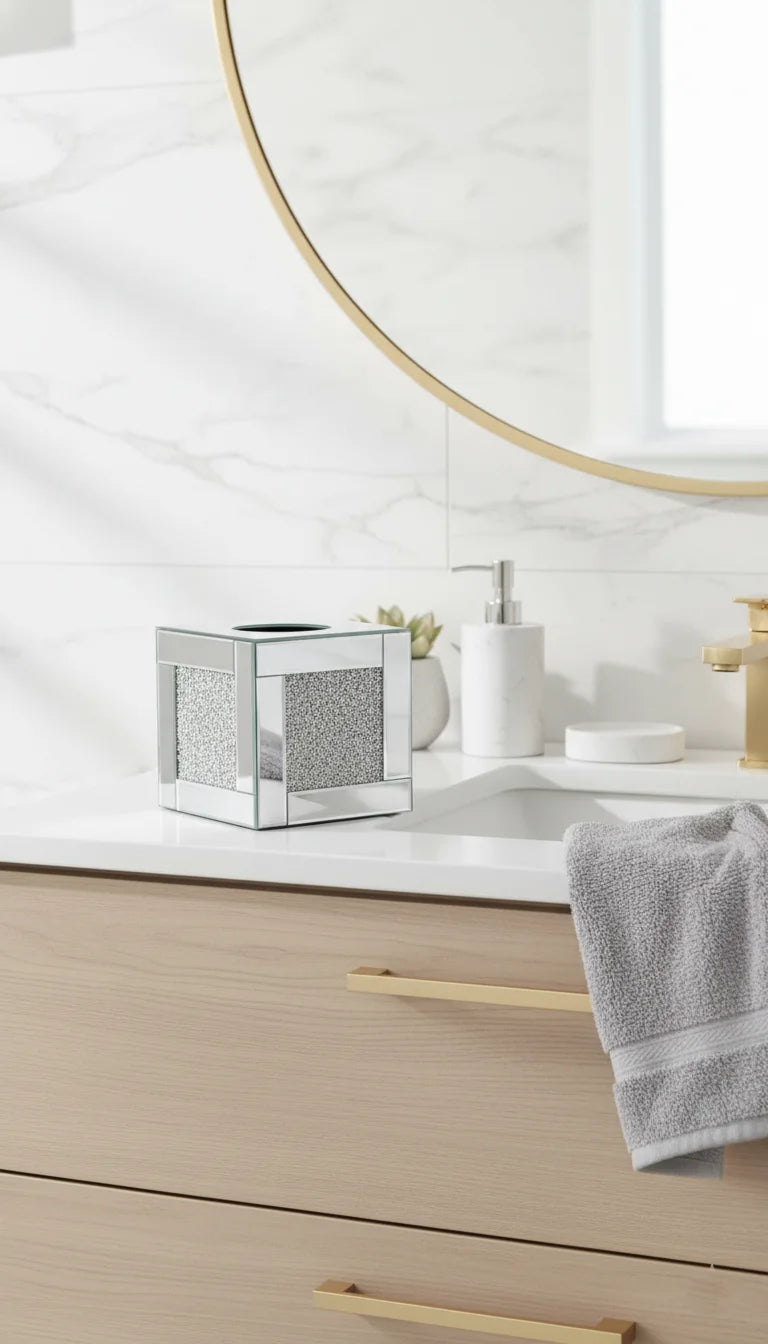 Silver Mirror Cube Tissue Box with Crystal Border | Sparkle Decors