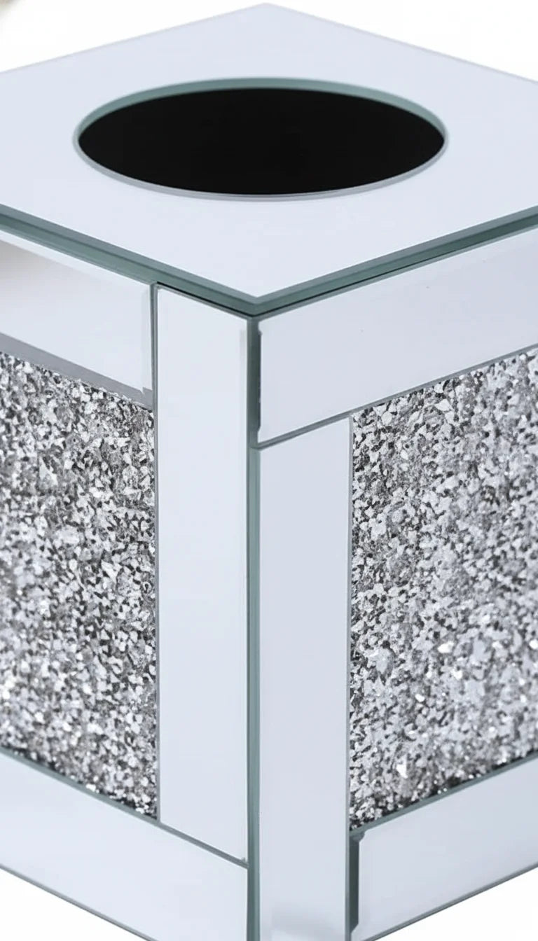 Silver Mirror Cube Tissue Box with Crystal Border | Sparkle Decors