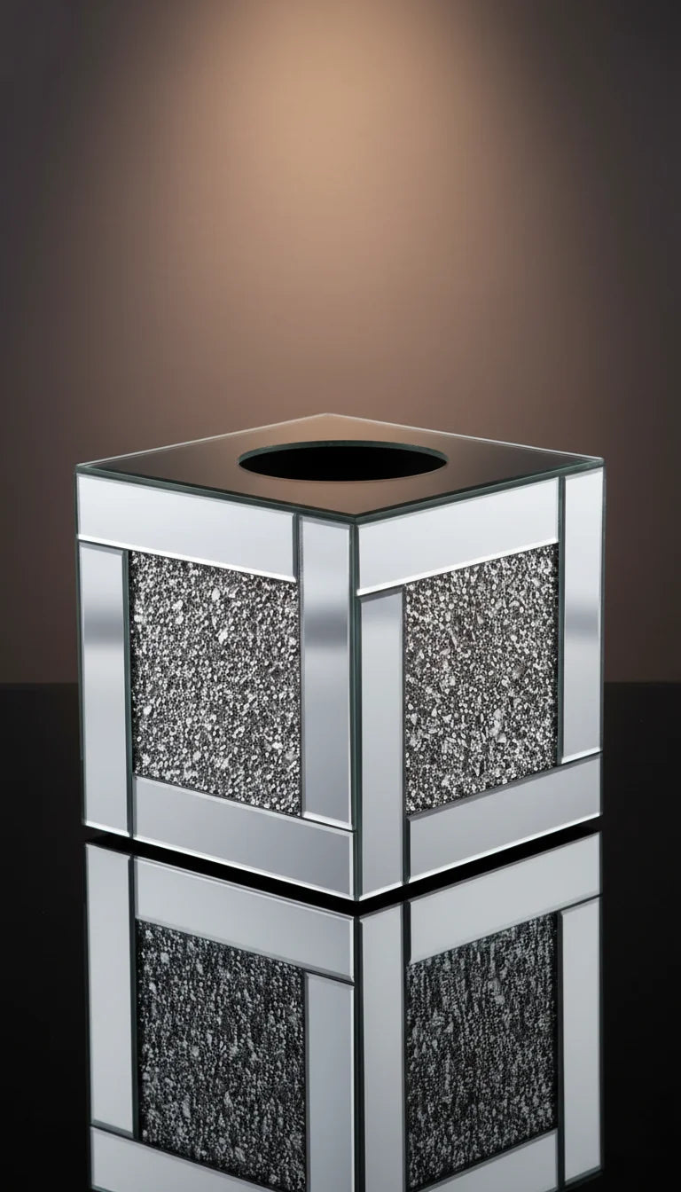 Silver Mirror Cube Tissue Box with Crystal Border | Sparkle Decors