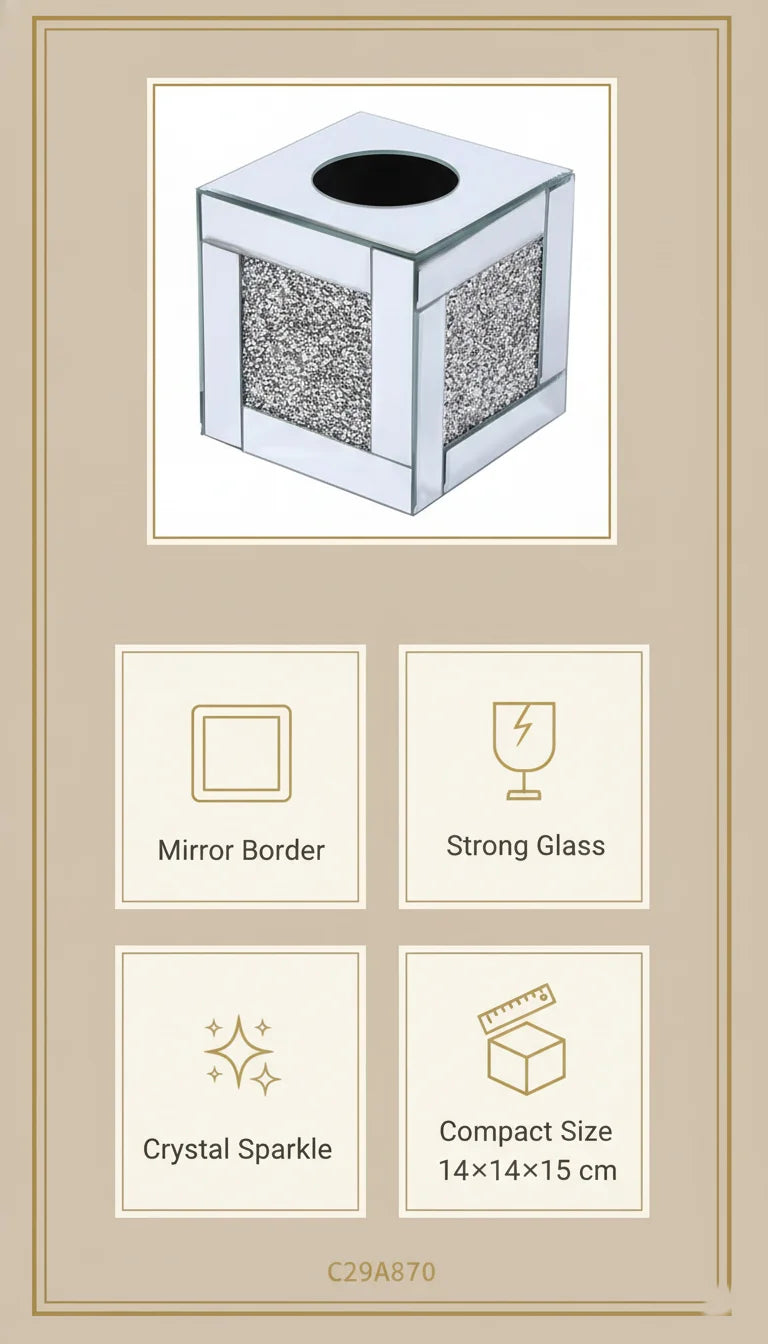 Silver Mirror Cube Tissue Box with Crystal Border | Sparkle Decors