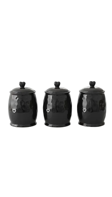 Black Ceramic Tea Coffee Sugar Jar Set with Heart Lids | Sparkle Decors