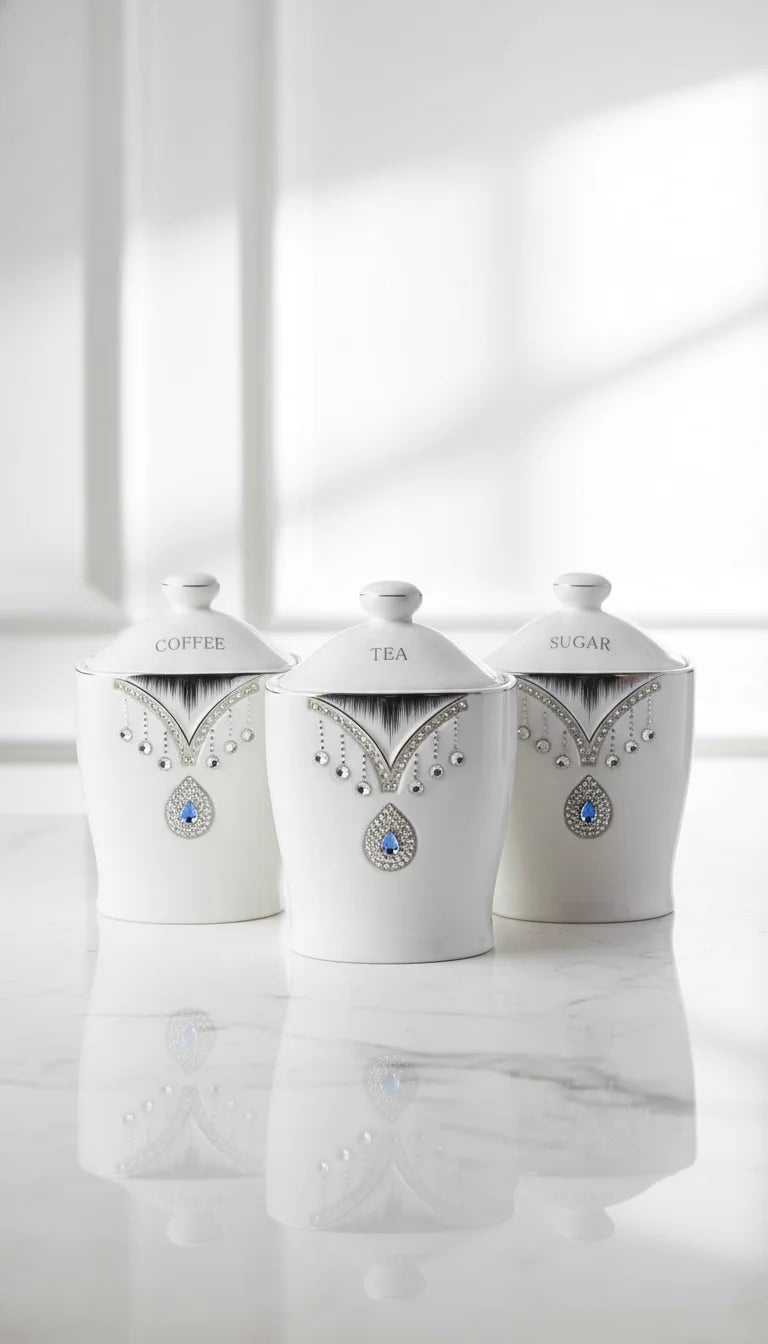 Crystal Diamante Tea Coffee Sugar Jars Set with Airtight Lids – Sparkle Decors