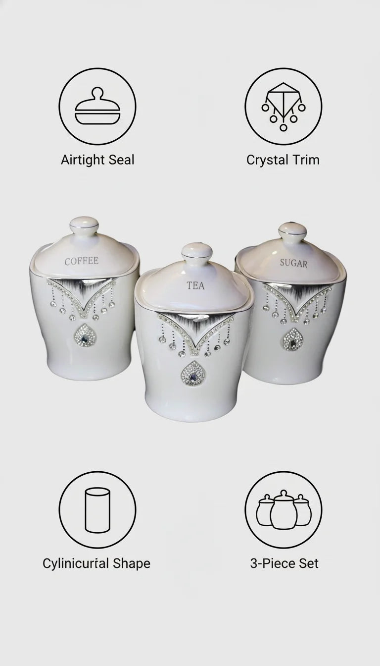 Crystal Diamante Tea Coffee Sugar Jars Set with Airtight Lids – Sparkle Decors