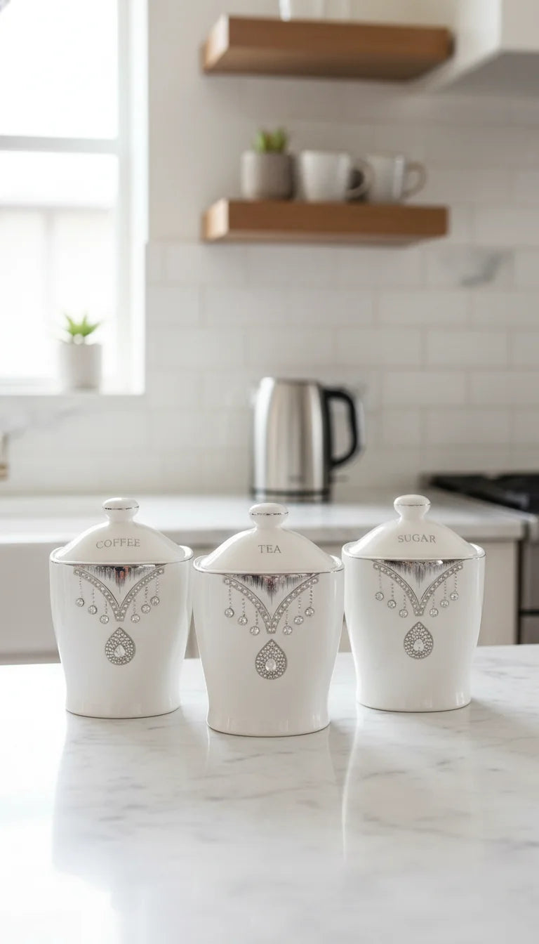 Crystal Diamante Tea Coffee Sugar Jars Set with Airtight Lids – Sparkle Decors