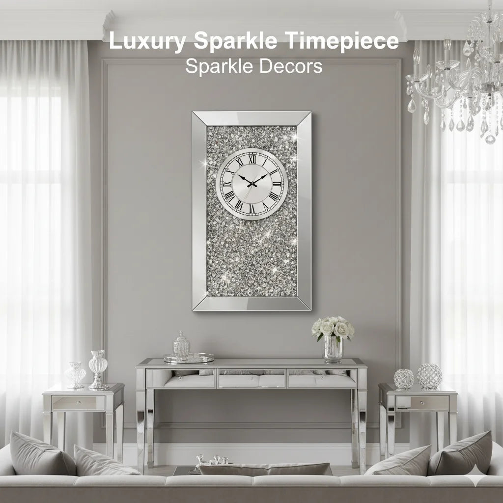 Sparkle Decors Mirrored Crushed Crystal Diamond Mantel Clock – 30x80cm Luxury Rectangle Silent Timepiece