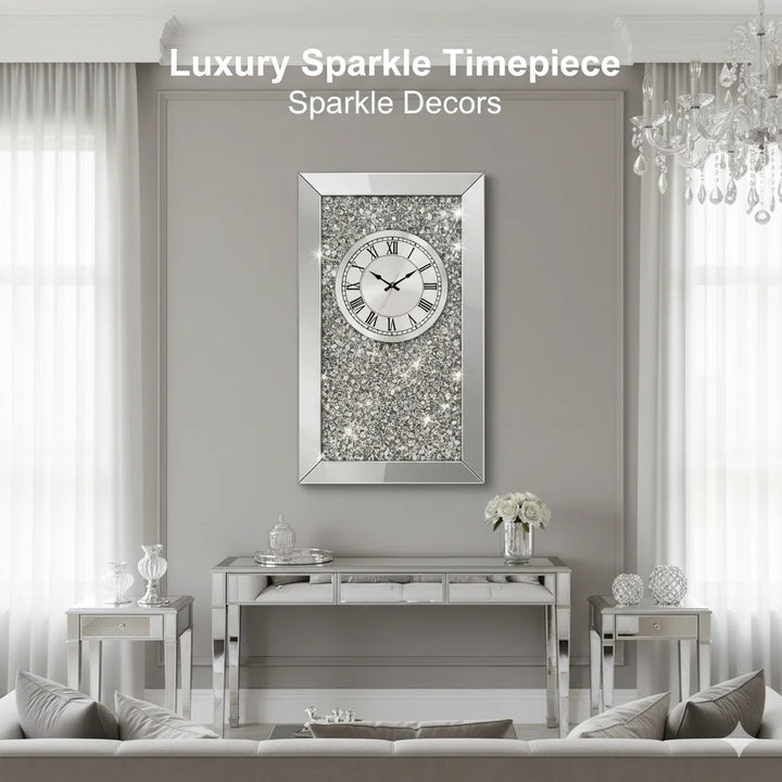 Sparkle Decors Mirrored Crushed Crystal Diamond Mantel Clock – 30x80cm Luxury Rectangle Silent Timepiece