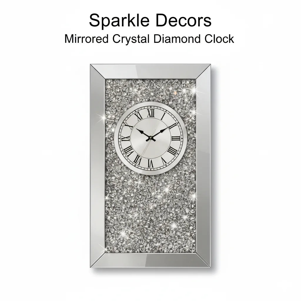 Sparkle Decors Mirrored Crushed Crystal Diamond Mantel Clock – 30x80cm Luxury Rectangle Silent Timepiece