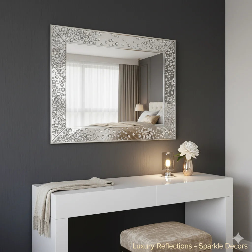 Sparkle Decors 40x60 Silver Diamante Wall Mirror – Luxury Jewelled Rectangle Mirror for Bedroom & Bathroom Décor