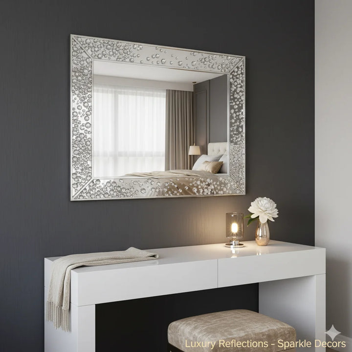 Sparkle Decors 40x60 Silver Diamante Wall Mirror – Luxury Jewelled Rectangle Mirror for Bedroom & Bathroom Décor