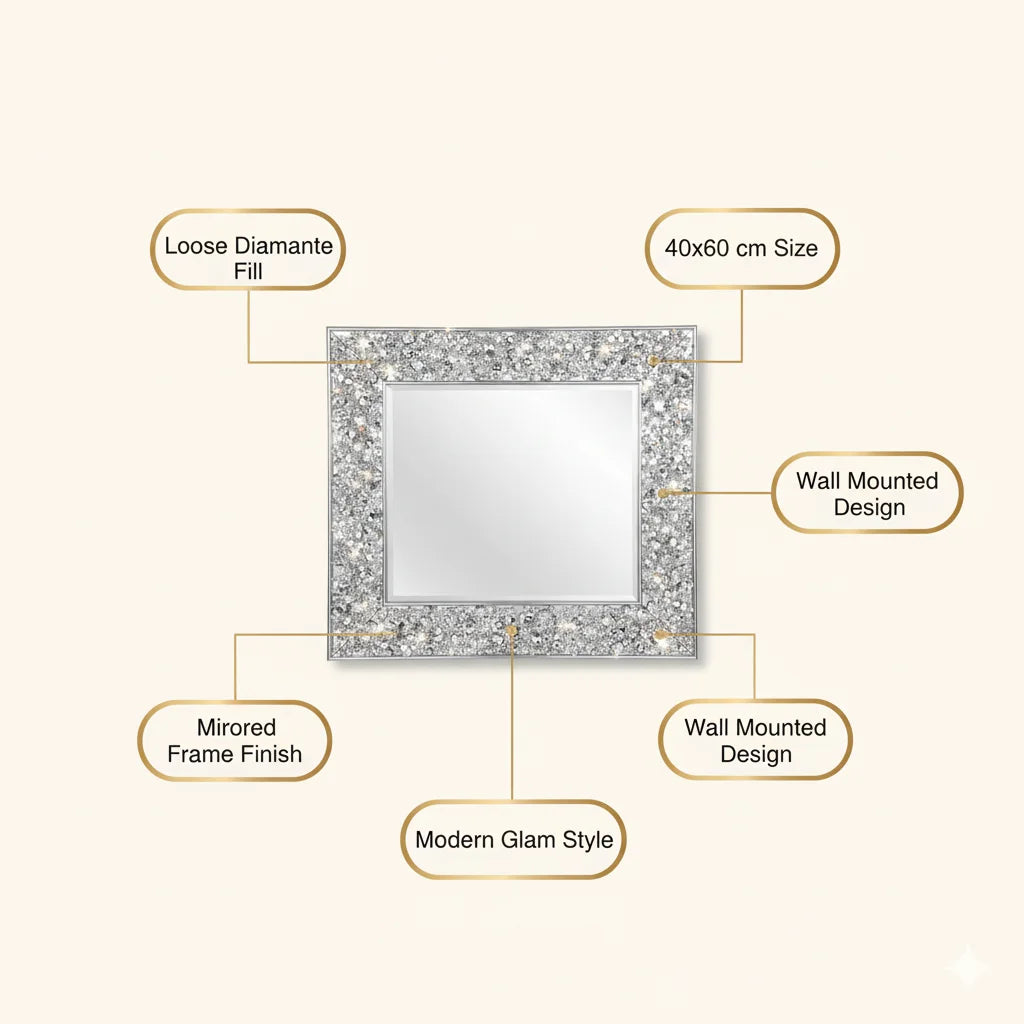 Silver Diamante Wall Mirror 40×60 cm – Luxury Rectangle Bedroom Accent | Sparkle Decors UK