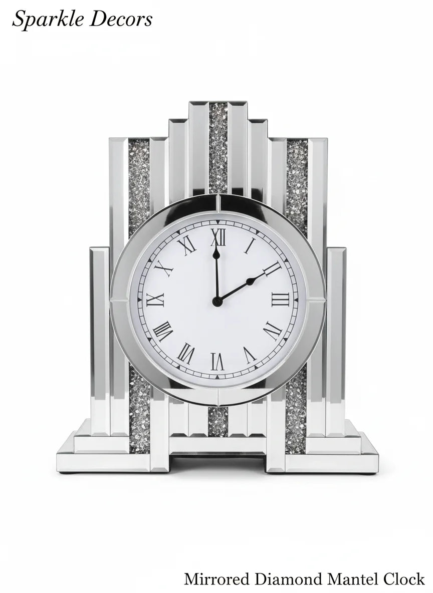 Mirrored Crushed Crystal Diamond Mantel Clock 33×50 cm – Luxury Accent | Sparkle Decors UK