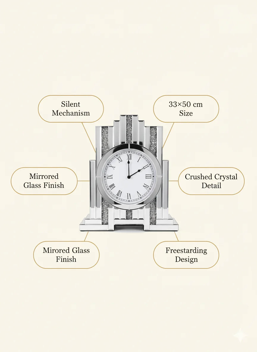Mirrored Crushed Crystal Diamond Mantel Clock 33×50 cm – Luxury Accent | Sparkle Decors UK