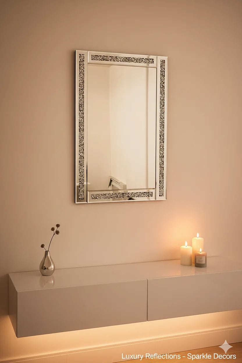 Silver Crushed Jewel Wall Mirror 60×40 cm – Luxury Diamond Crystal Décor | Sparkle Decors UK