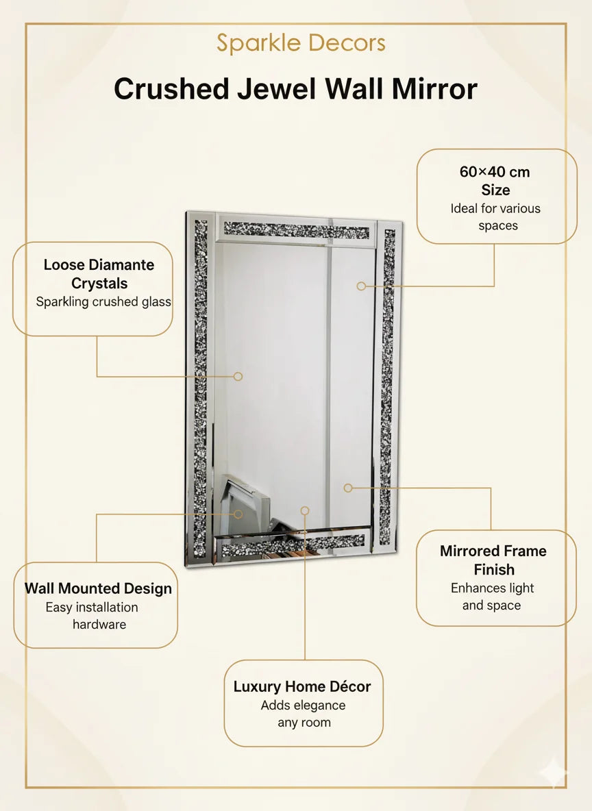 Silver Crushed Jewel Wall Mirror 60×40 cm – Luxury Diamond Crystal Décor | Sparkle Decors UK