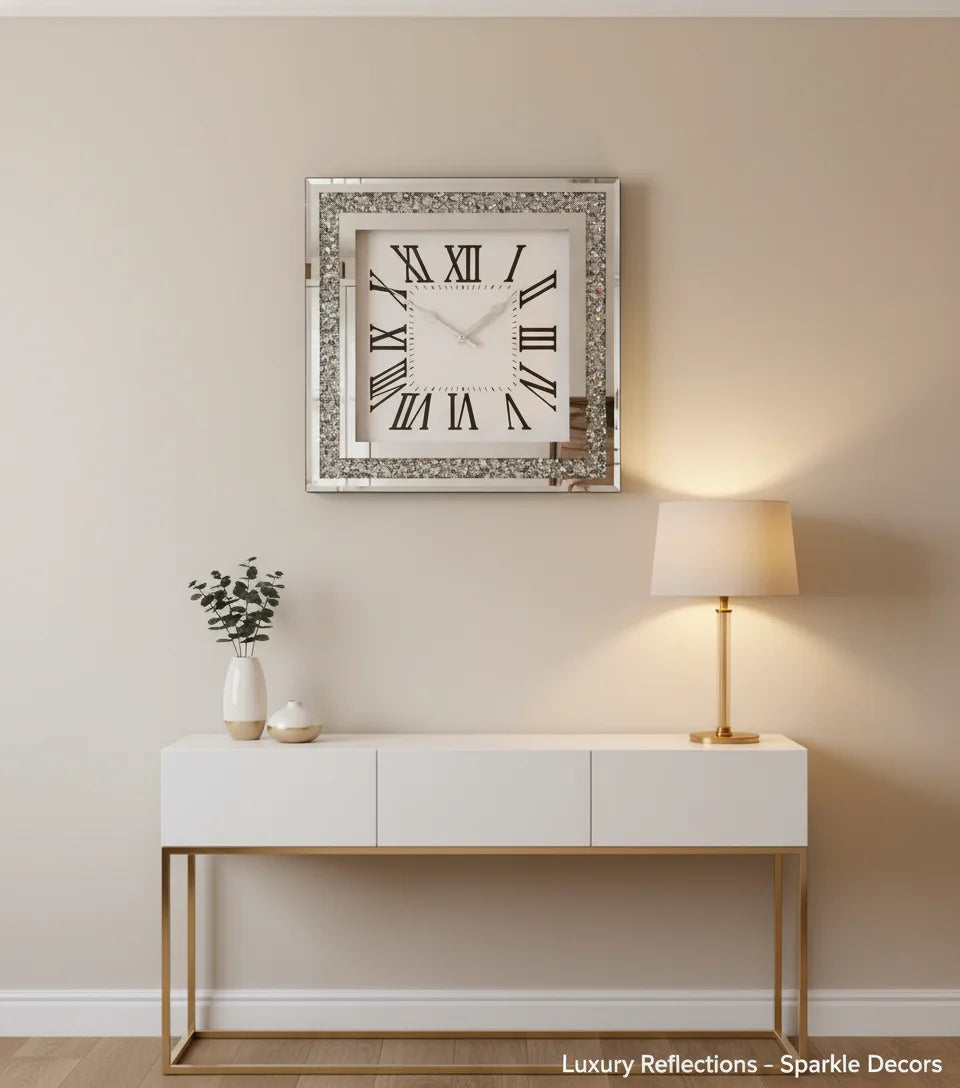 Square Diamante Mirrored Wall Clock 35cm – Silent Roman Silver Accent | Sparkle Decors UK