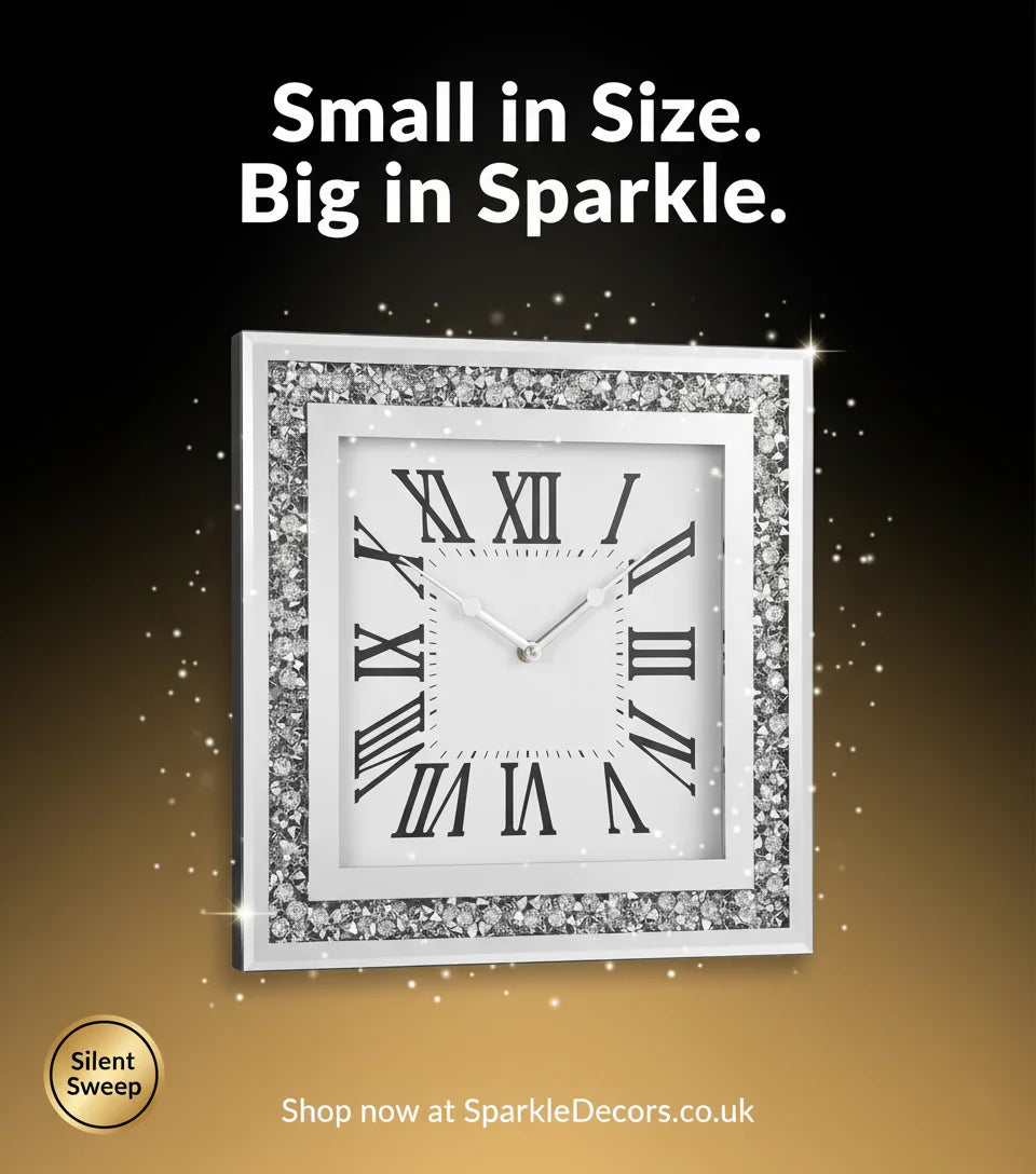 Square Diamante Mirrored Wall Clock 35cm – Silent Roman Silver Accent | Sparkle Decors UK