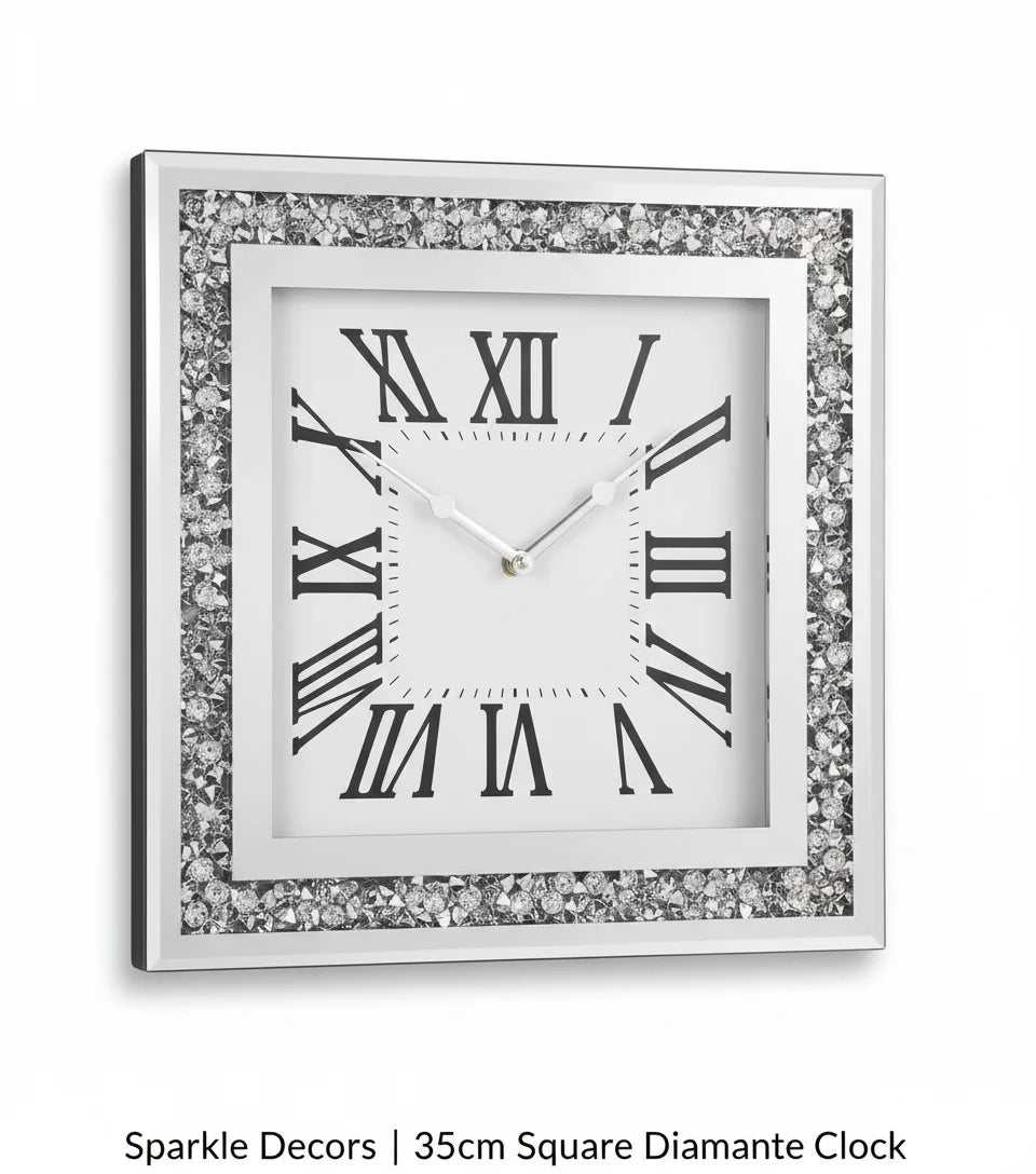 Square Diamante Mirrored Wall Clock 35cm – Silent Roman Silver Accent | Sparkle Decors UK