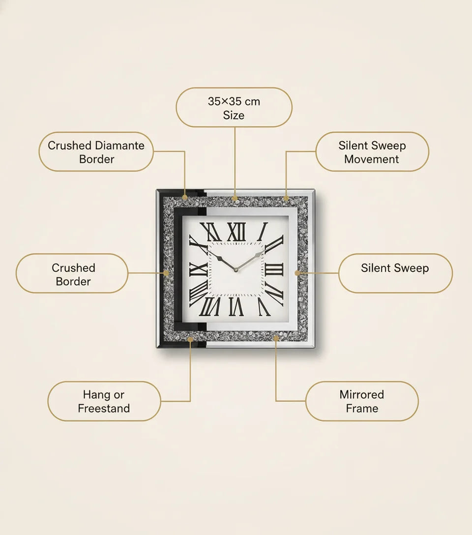 Square Diamante Mirrored Wall Clock 35cm – Silent Roman Silver Accent | Sparkle Decors UK