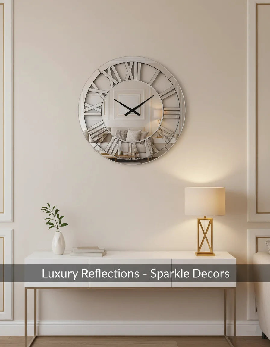 Full Mirrored Round Wall Clock 40cm – Roman Dial Modern Silver Design | Sparkle Decors UK