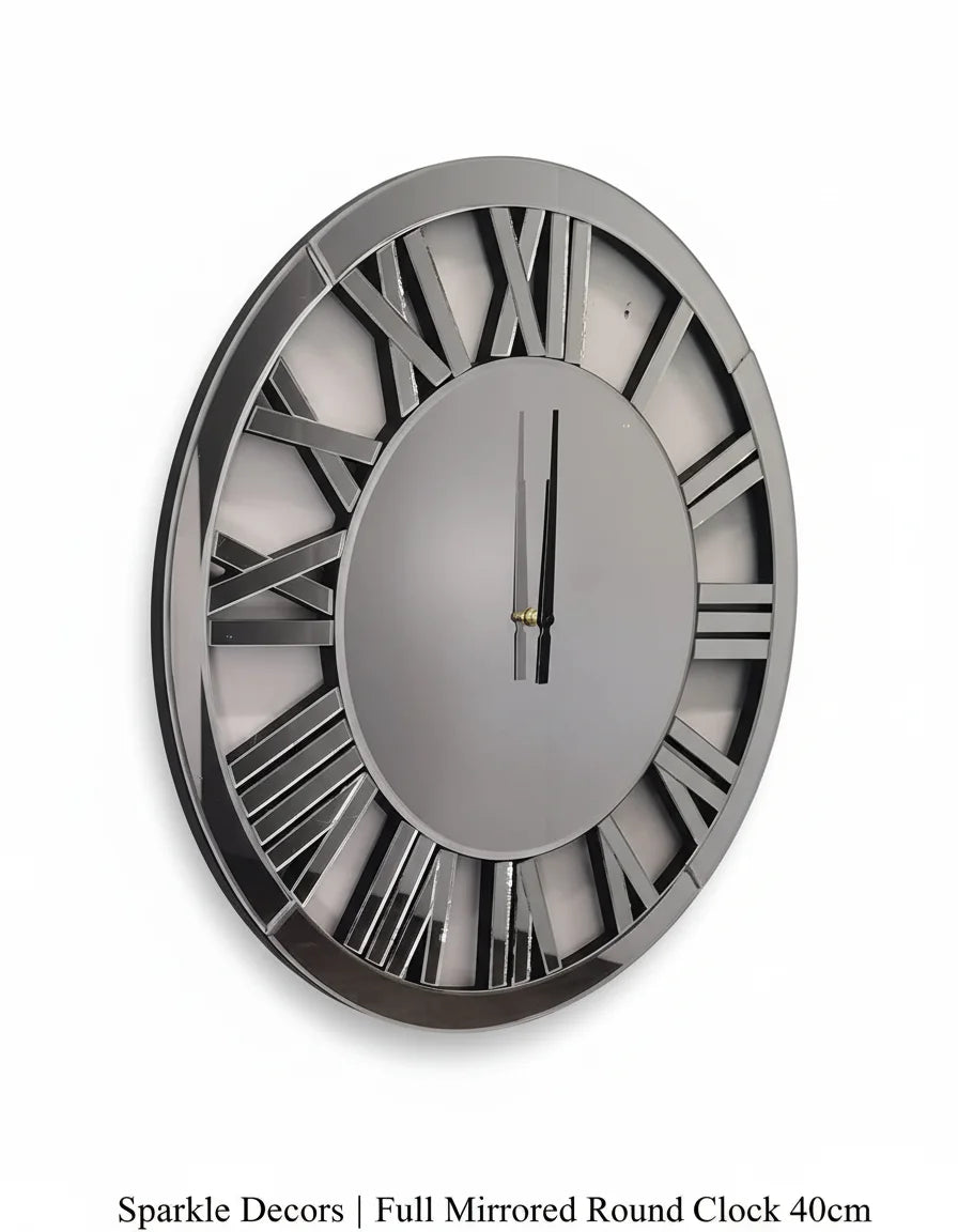 Full Mirrored Round Wall Clock 40cm – Roman Dial Modern Silver Design | Sparkle Decors UK