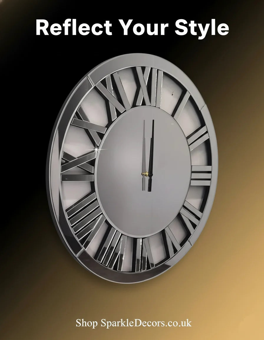 Full Mirrored Round Wall Clock 40cm – Roman Dial Modern Silver Design | Sparkle Decors UK