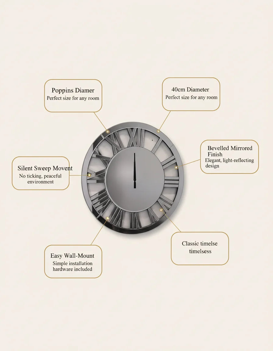 Full Mirrored Round Wall Clock 40cm – Roman Dial Modern Silver Design | Sparkle Decors UK