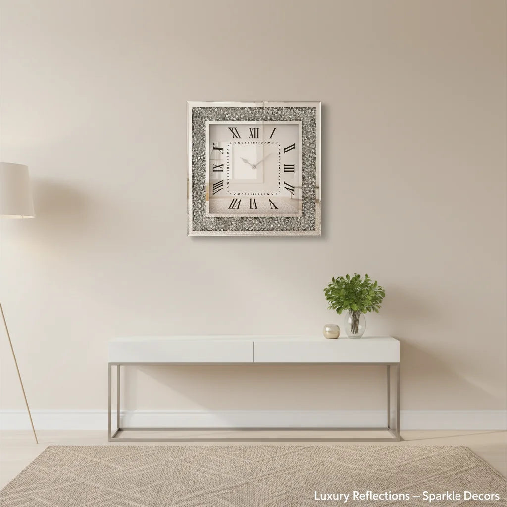 Extra-Large Diamante Mirrored Wall Clock 50×50 cm – Silver Glam Accent | Sparkle Decors UK
