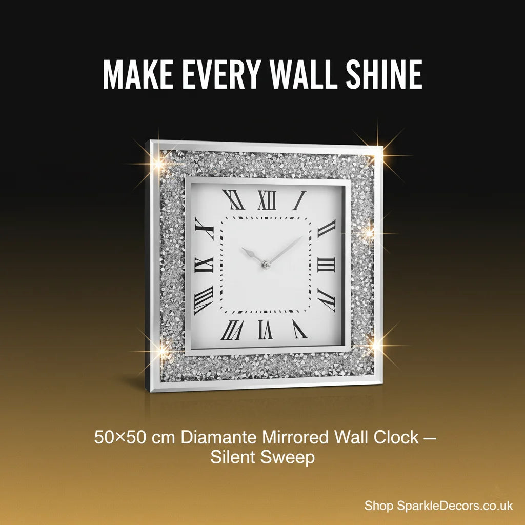 Extra-Large Diamante Mirrored Wall Clock 50×50 cm – Silver Glam Accent | Sparkle Decors UK