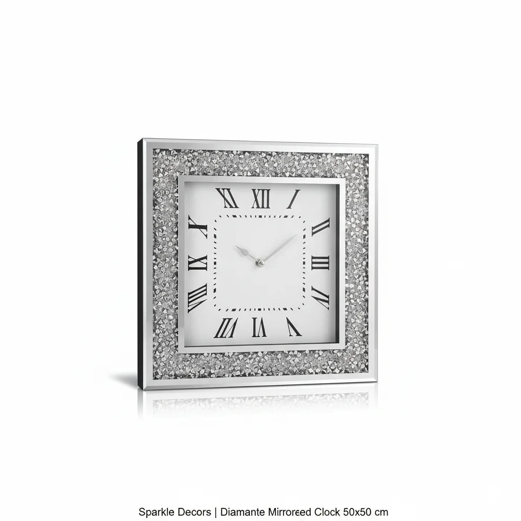 Extra-Large Diamante Mirrored Wall Clock 50×50 cm – Silver Glam Accent | Sparkle Decors UK