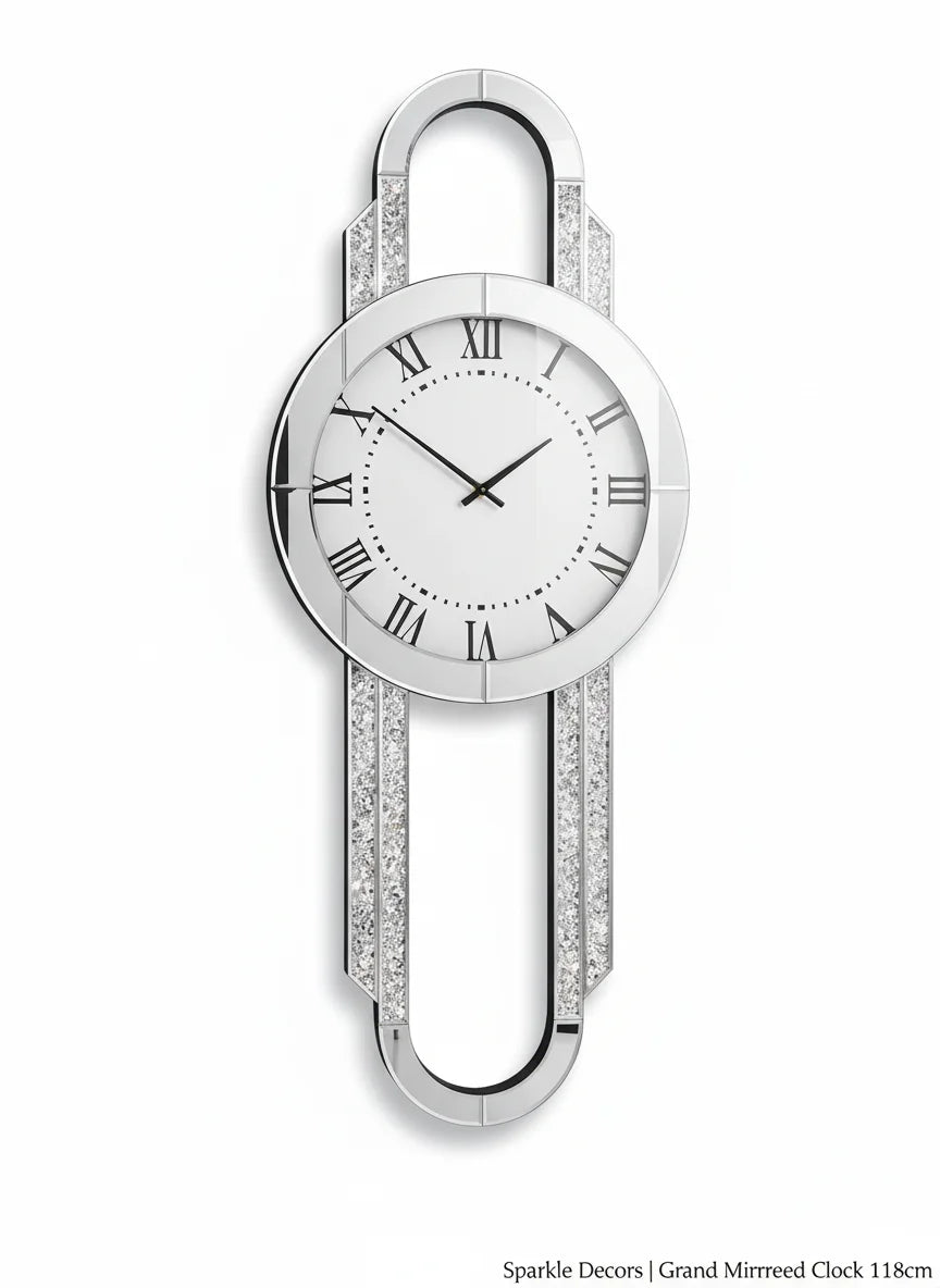 Full Mirrored Grandfather Wall Clock 118cm – Elegant Tall Roman Dial Art | Sparkle Decors UK
