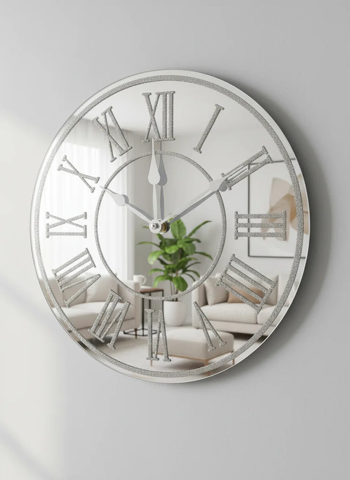 Round Silver Glitter Mirror Wall Clock – Roman Numerals Sparkle | Sparkle Decors UK