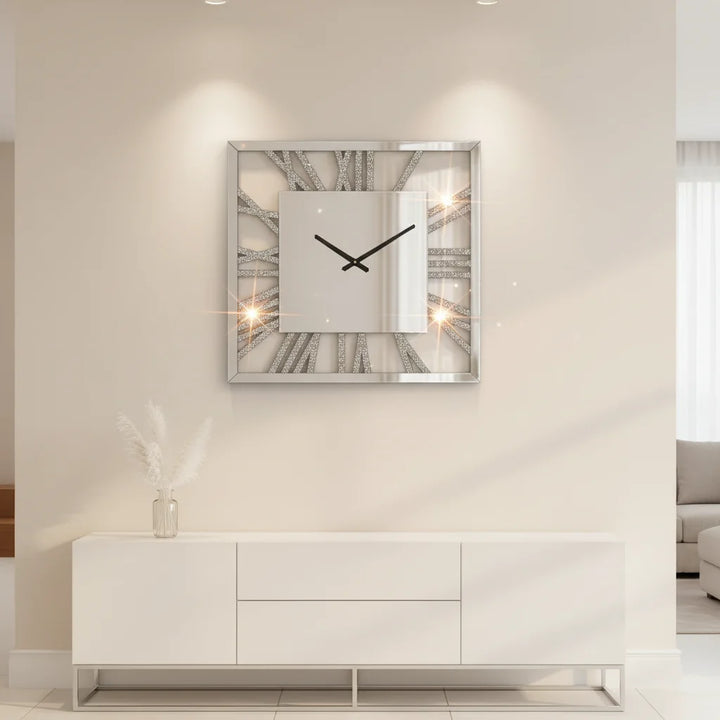 Mirrored Crushed Crystal Square Wall Clock 60×60 cm – Glam Silver Design | Sparkle Decors UK