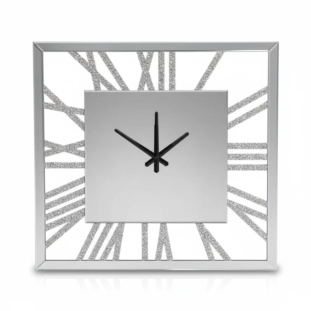 Mirrored Crushed Crystal Square Wall Clock 60×60 cm – Glam Silver Design | Sparkle Decors UK