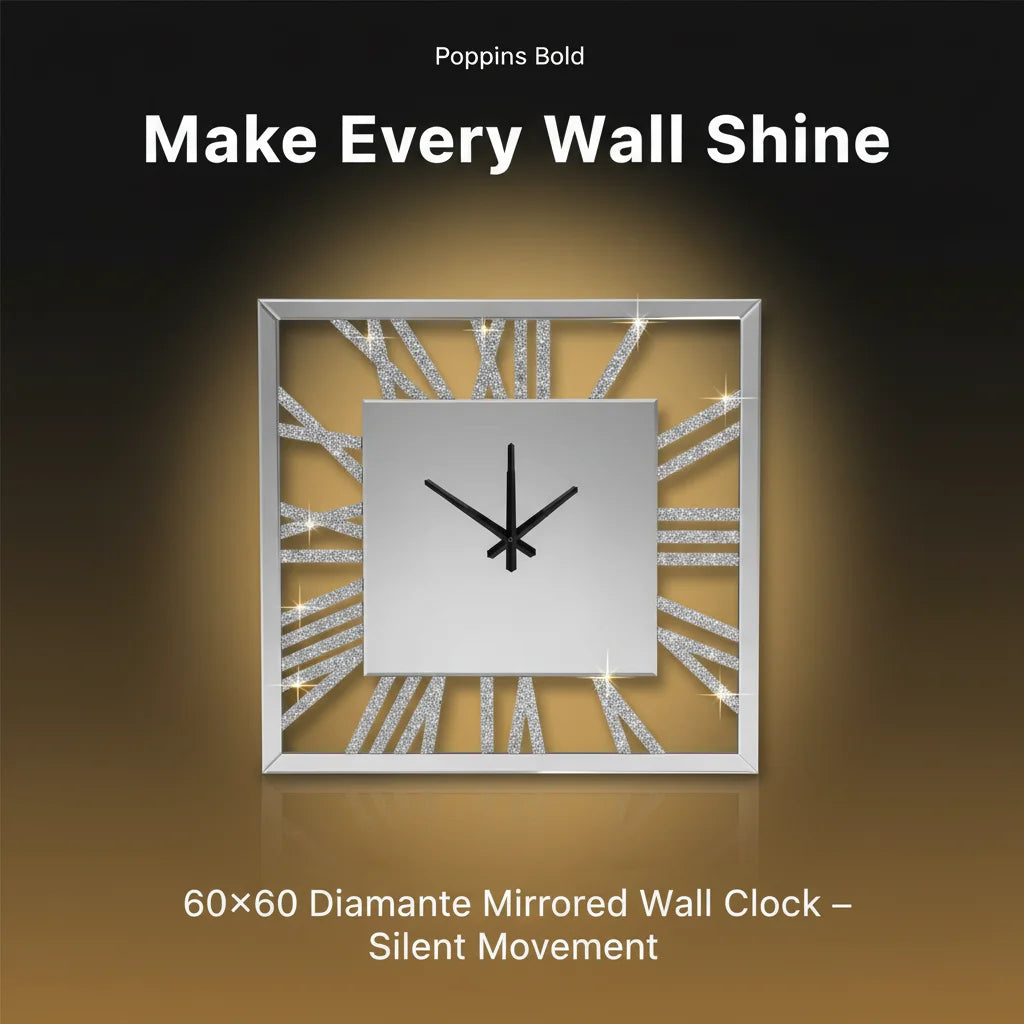 Mirrored Crushed Crystal Square Wall Clock 60×60 cm – Glam Silver Design | Sparkle Decors UK